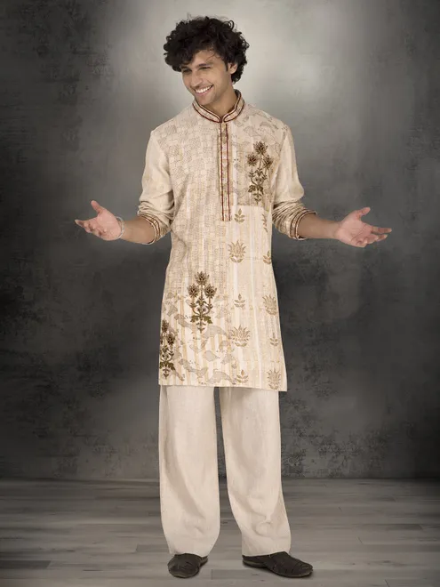 Beige linen cotton printed thread and cutdana kurta suit