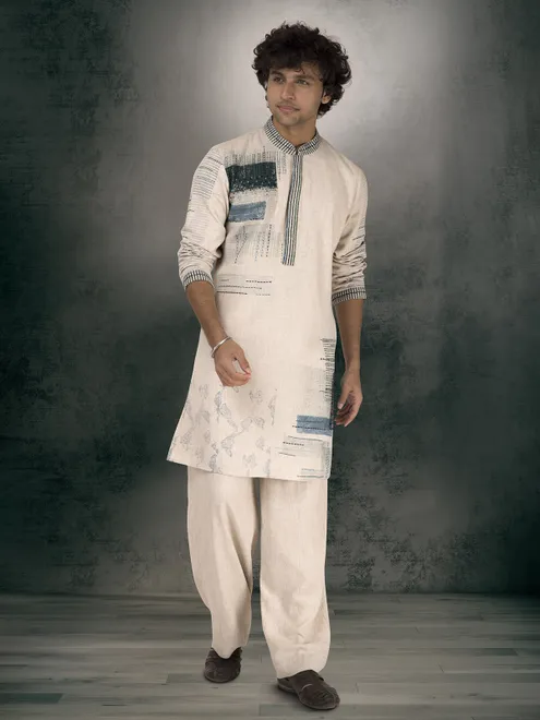Beige linen cotton printed thread work kurta suit