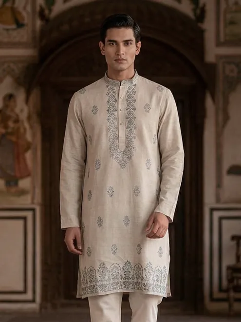 Beige linen embroidered classic wedding festive kurta