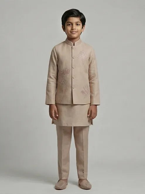 Beige linen embroidered festive wear waistcoat set