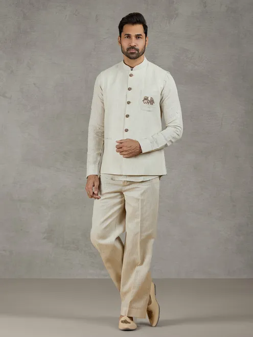 Beige linen festive wear waistcoat set with elegant detailing