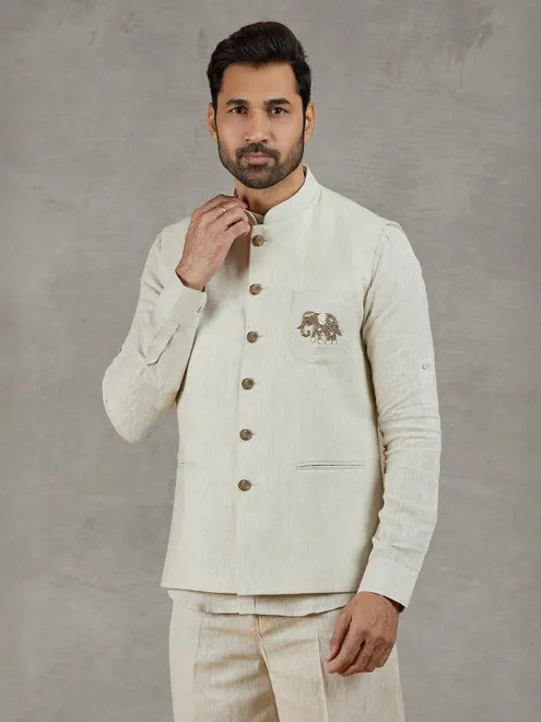 Beige linen festive waistcoat with shirt and elegant detailing