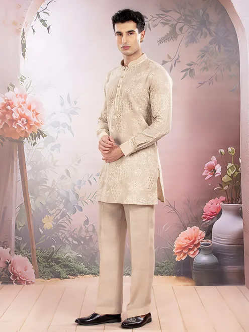 Beige linen kurta suit with thread and sequins work