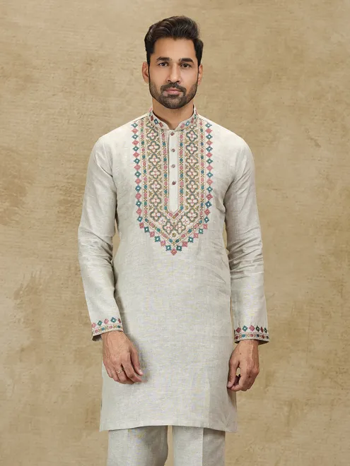 Beige linen kurta with colorful embroidery