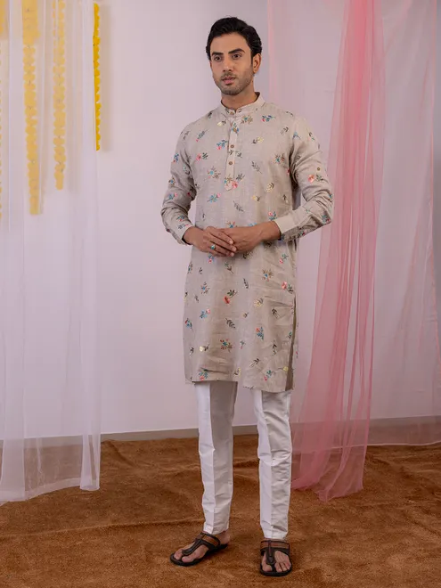 Beige linen kurta with embroidery