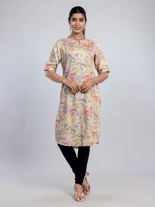 Beige linen printed women kurti