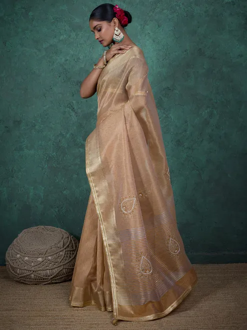 Beige linen tissue silk saree