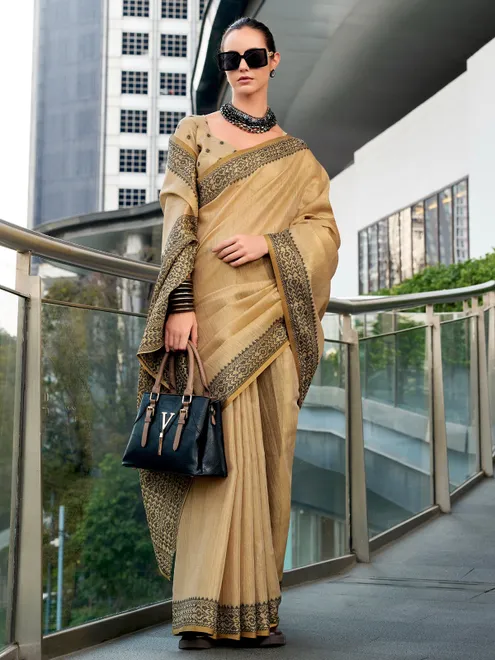 Beige linen tissue silk saree with print