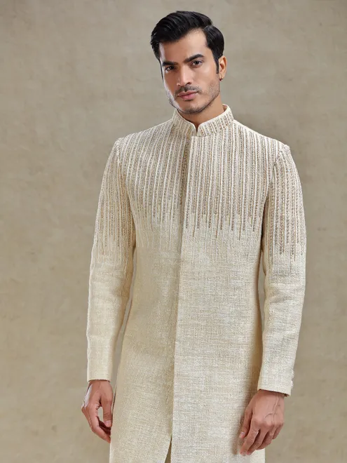 Beige textured long indo western set