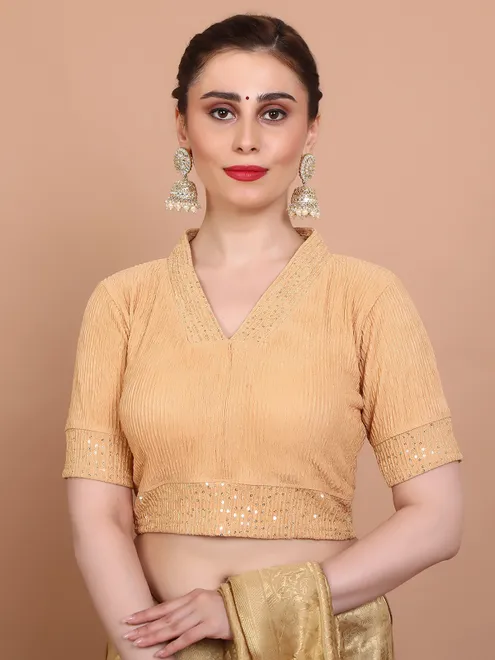 Beige lycra strechable V neck ready made blouse