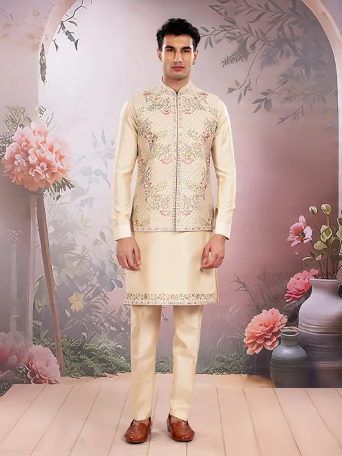 Beige men silk waistcoat set for wedding