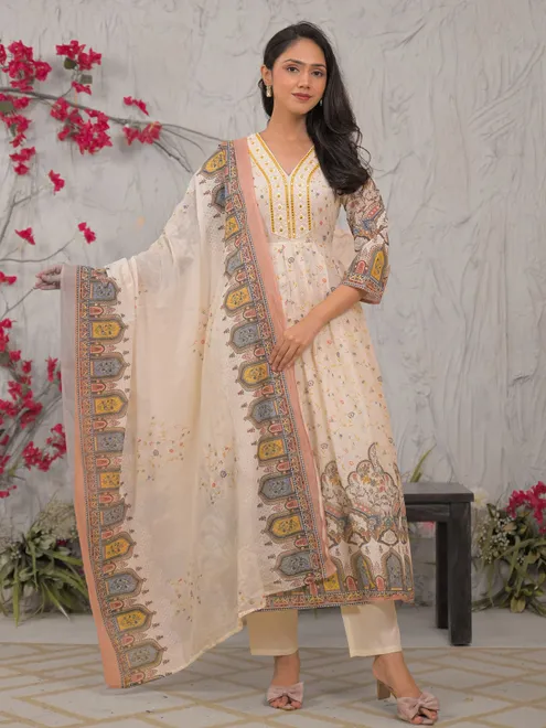 Beige mulmul cotton festive kurti set with dupatta
