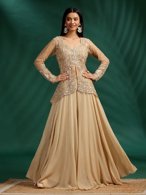 Beige net and georgette palazzo suit
