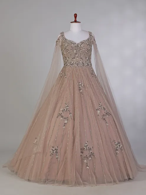Beige net designer gown with cutdana work