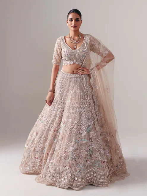 Beige net diamond and pearl bridal lehenga choli