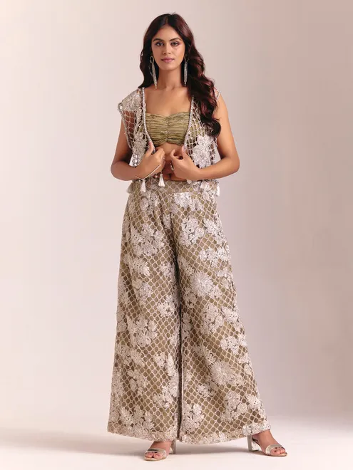 Beige net jacket style designer palazzo suit