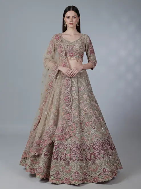 Beige net lehnga choli for wedding celebration