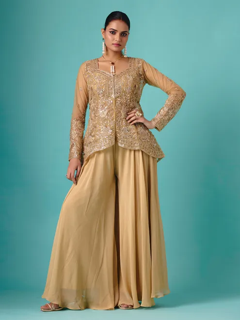 Beige net silk sweetheart neck palazzo suit