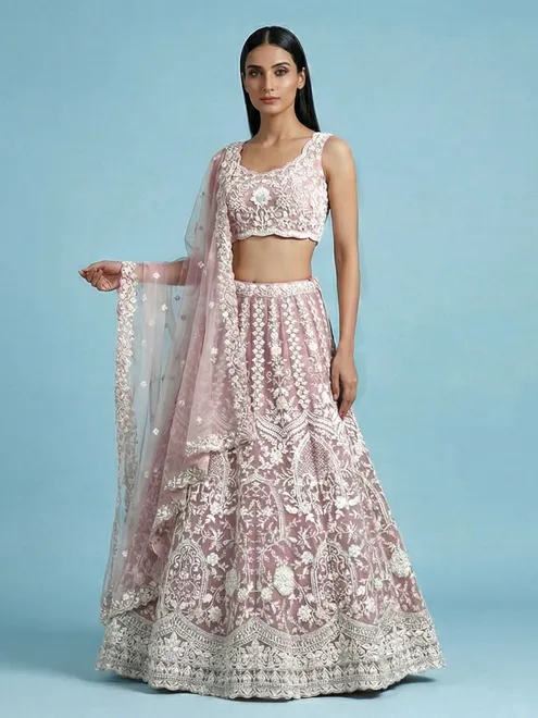 Beige net sleeveless round neck wedding lehenga choli