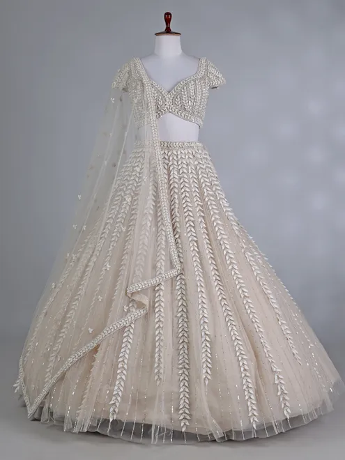 Beige net sweetheart wedding lehenga choli