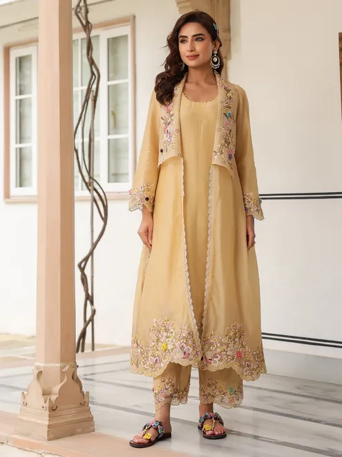 Beige organza and chanderi silk kurti set
