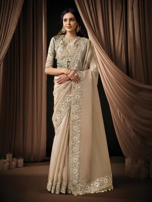 Beige organza satin saree for party wear