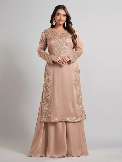 Beige pakistani designer silk palazzo suit