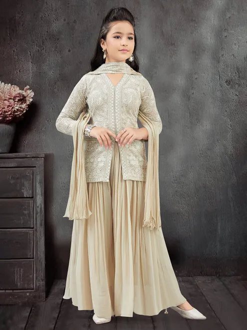 Beige palazzo suit in soft georgette