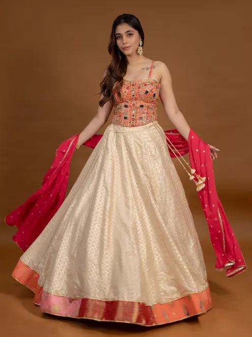 Beige peach silk embellished chaniya choli