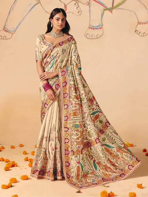 Beige peacock heritage design banarasi silk elegance