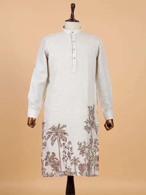 Beige printed cotton kurta for men