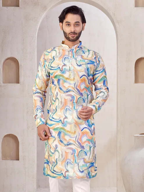 Beige printed cotton kurta suit for festival