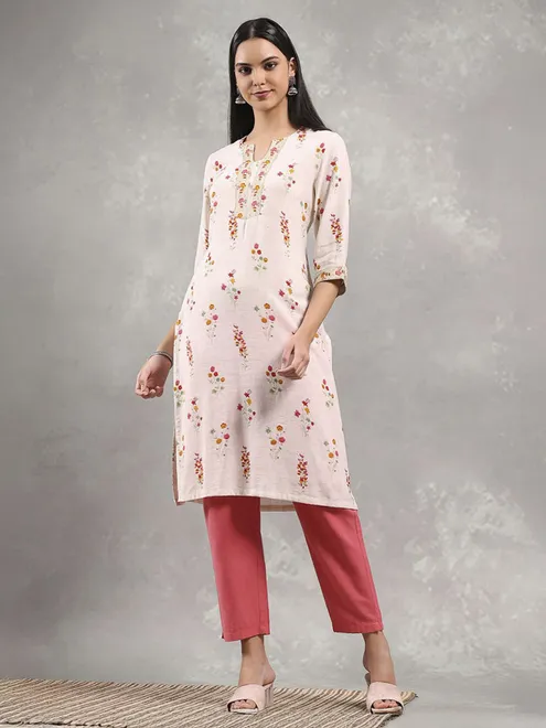 Beige printed cotton quarter sleeve kurti
