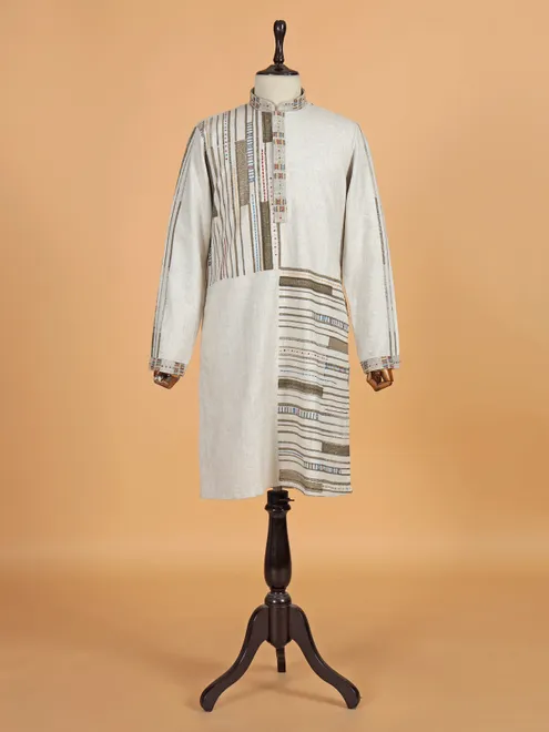 Beige printed cotton silk kurta suit for men