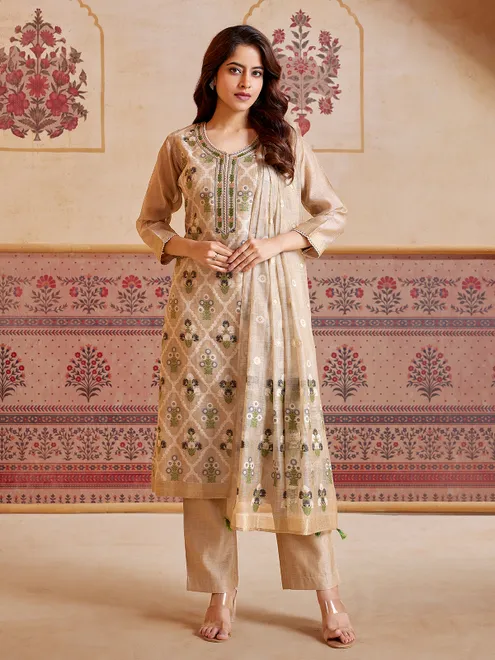 Beige printed cotton silk salwar suit for festive wear