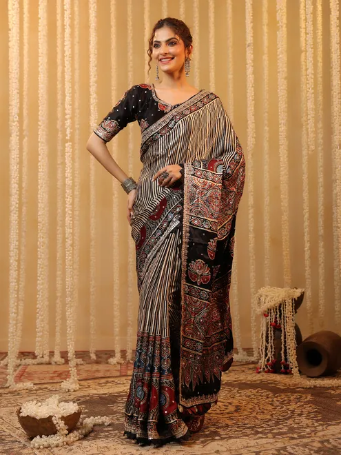 Beige printed cotton silk saree with resham work