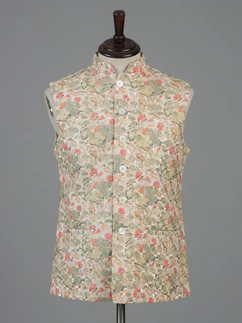 Beige printed cotton silk waistcoat for men