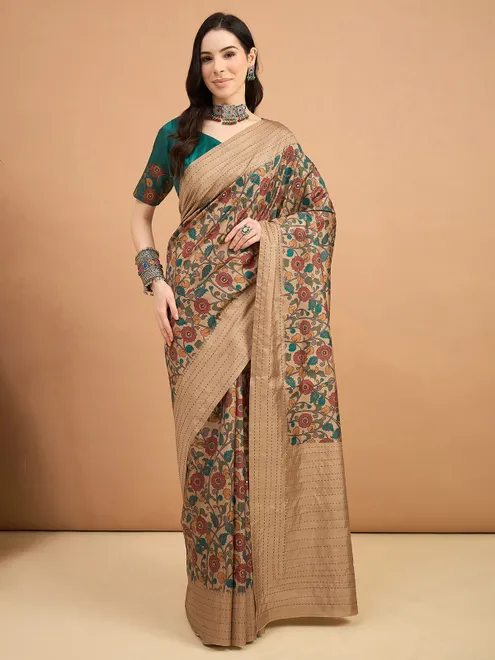 Beige printed cozi silk saree