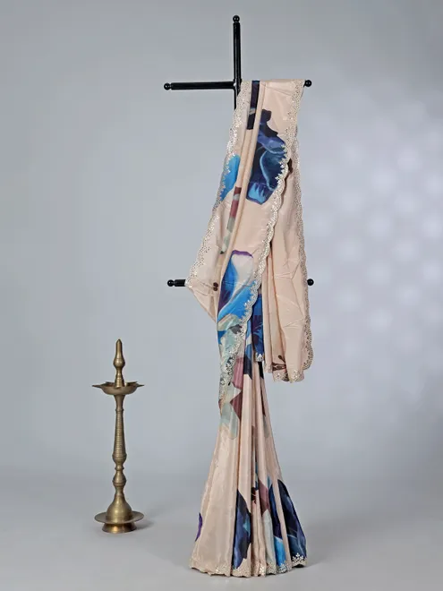Beige printed crepe silk saree with mirror work