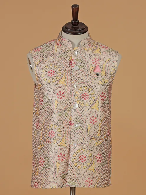 Beige printed festive ready waistcoat for men