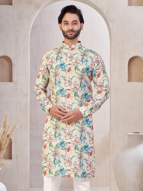 Beige printed festive wear cotton kurta suit