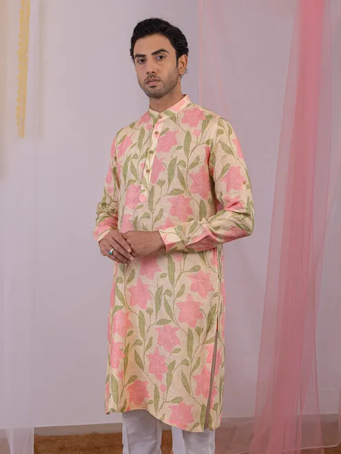Beige printed men kurta in linen