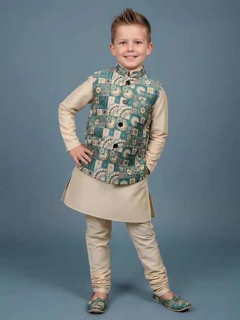 Beige printed semi silk waistcoat churidar set