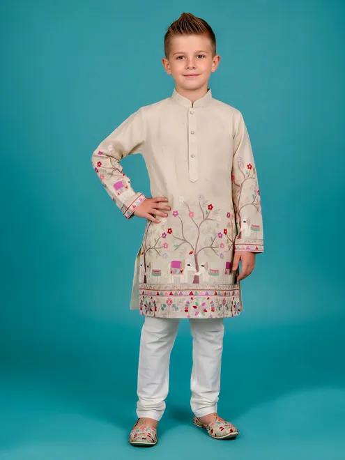 Beige printed silk blend kurta churidar suit