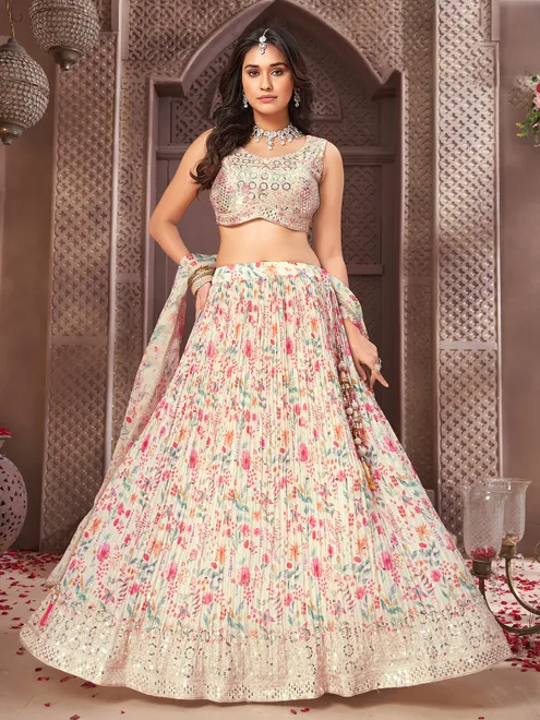 Beige printed silk lehenga choli with sequins embroidery