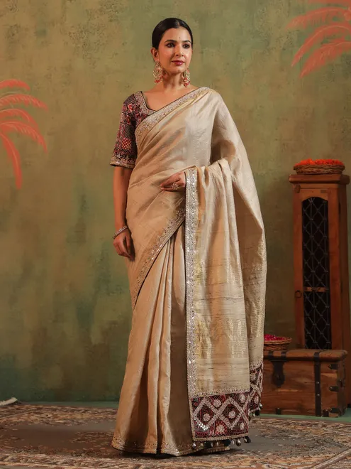 Beige printed silk saree with gota work