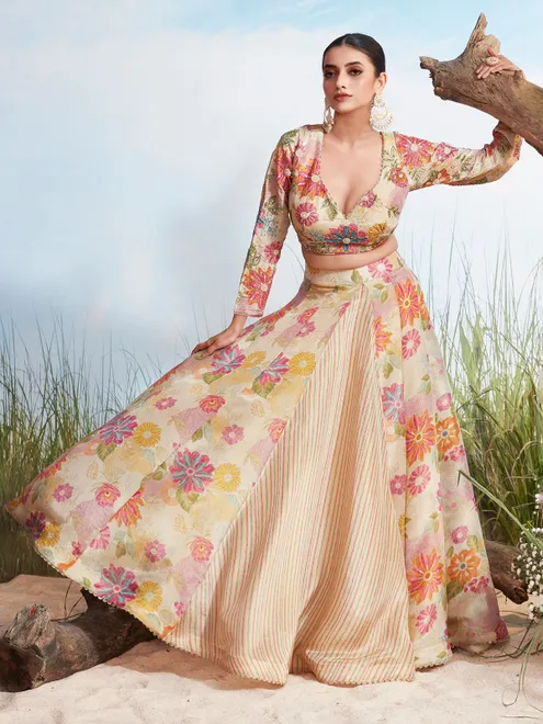 Beige printed wedding wear silk lehenga choli
