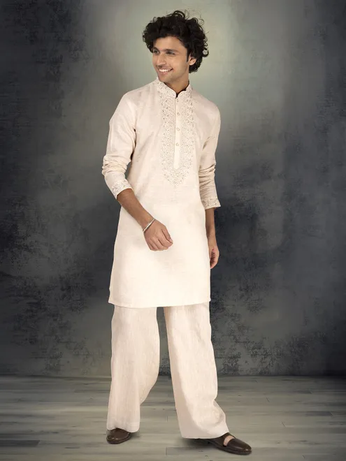 Beige pure linen embroidered festive kurta suit