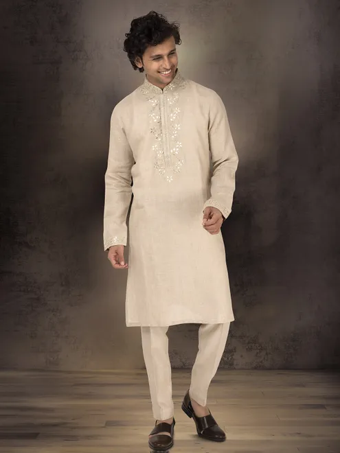 Beige pure linen kurta suit for festive occasions