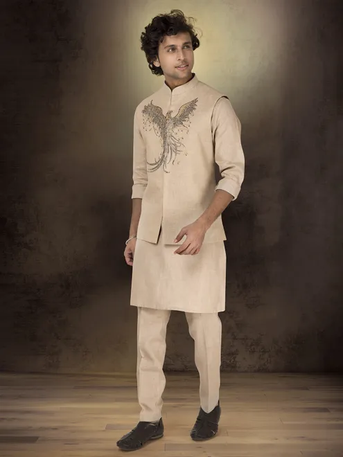 Beige pure linen stone work waistcoat set